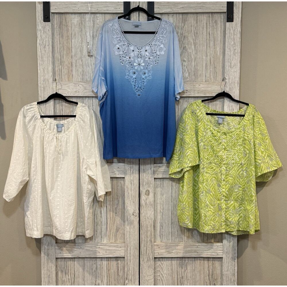 Liz & Me Women's Size 5XL White Blue Green Short Sleeve Top Lot Of 3